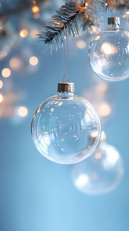 Clear glass ornaments dangle from a winter tree, reflecting soft, warm bokeh lights in the background, creating a festive and cozy atmosphere during the holiday season.の素材