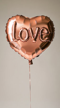 A heart-shaped balloon in rose gold featuring the word love is suspended in the air, creating a warm and romantic atmosphere. The simple background enhances its elegance.の素材