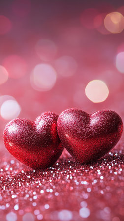 Two shiny red hearts sit closely together on a sparkling surface of glimmering light. The scene evokes feelings of love and celebration, ideal for romantic events.の素材