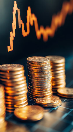 Stacks of shiny gold coins placed on a reflective surface with a financial chart in red and blue background depicting market trends and fluctuations.の素材
