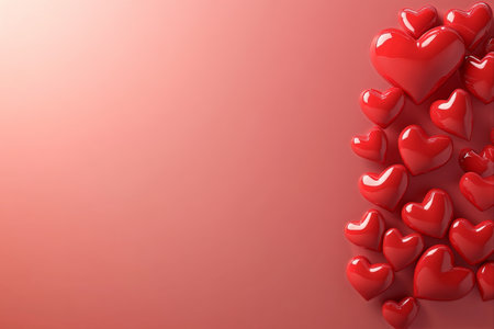 Glossy red hearts are arranged against a soft pink background, creating a vibrant and romantic atmosphere that evokes love and affection, perfect for various celebrations.の素材