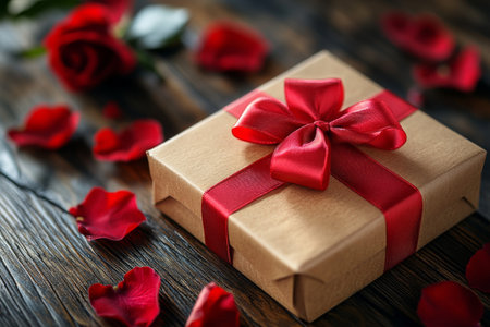 A beautifully wrapped gift sits on a rustic wooden table surrounded by scattered red rose petals, creating a romantic atmosphere perfect for special occasions.の素材