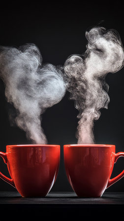 Two red cups filled with steaming hot drinks are placed side by side. The rising steam forms heart shapes against a dark backdrop, creating a cozy atmosphere.の素材