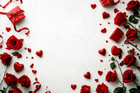 Red roses and heart-shaped decorations surround small gift boxes, creating a romantic atmosphere perfect for special occasions like anniversaries or Valentines Day.の素材