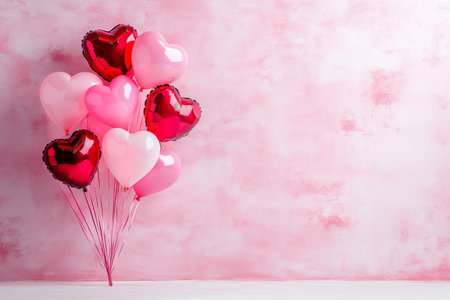 A cluster of colorful heart-shaped balloons in shades of red and pink stand against a soft pink background, making it ideal for romantic events or festive celebrations.の素材