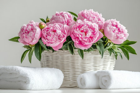 A collection of pink peonies blooms in a white basket, complemented by neatly rolled white towels beside them, creating a serene and inviting atmosphere perfect for relaxation.の素材