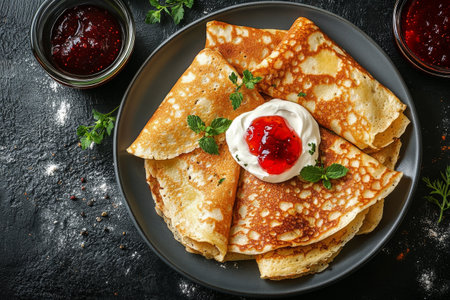 A plate filled with fluffy homemade pancakes topped with a dollop of yogurt and berry jam, surrounded by fresh mint leaves and jars of jam, creating an inviting breakfast display.の素材