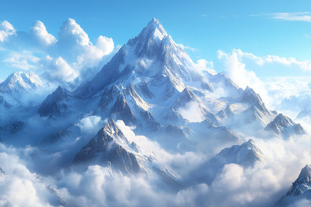 Snow-covered mountains rise majestically against a clear blue sky, surrounded by soft, white clouds, creating a serene and breathtaking natural landscape.の素材