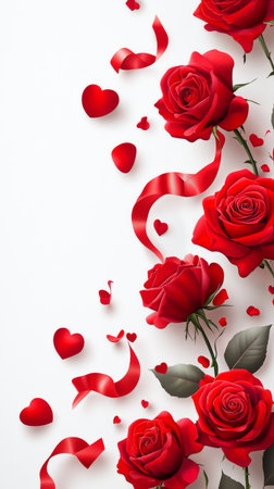 Roses and hearts create a romantic atmosphere on a light background, perfect for expressing love on special occasions like anniversaries or Valentines Day.の素材