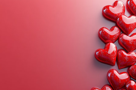 Glossy red hearts are arranged against a soft pink background, creating a vibrant and romantic atmosphere that evokes love and affection, perfect for various celebrations.の素材