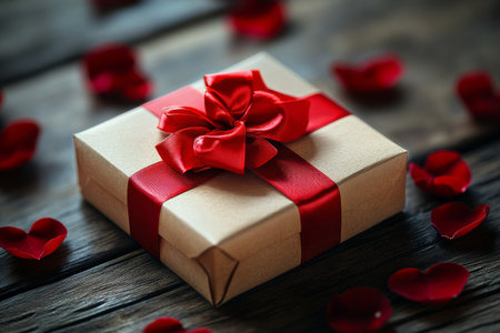 A beautifully wrapped gift sits on a rustic wooden table surrounded by scattered red rose petals, creating a romantic atmosphere perfect for special occasions.の素材