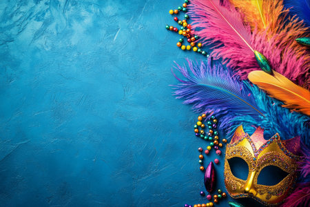 Bright and colorful carnival masks adorned with feathers and beads are arranged against a vibrant blue background, evoking a lively celebration atmosphere during a festival.の素材