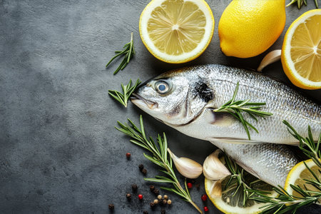 Fresh fish is artistically arranged with lemon slices, garlic, and rosemary on a textured countertop, showcasing vibrant colors and ingredients ready for cooking.の素材