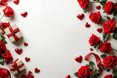 Red roses and heart-shaped decorations surround small gift boxes, creating a romantic atmosphere perfect for special occasions like anniversaries or Valentines Day.の素材