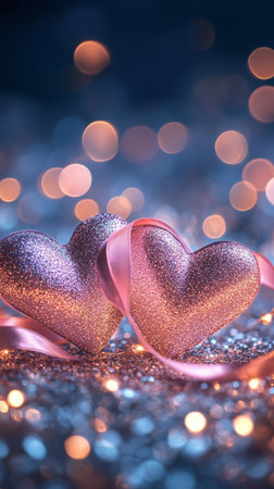 Two glittering hearts are intertwined with a delicate ribbon, set against a backdrop of softly glowing lights, creating a romantic atmosphere.の素材