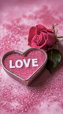 A heart-shaped dish filled with pink sprinkles features the word love prominently. Next to it lies a fresh rose on a sparkling pink background, creating a romantic atmosphere.の素材