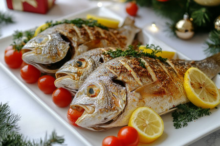 Two grilled fish garnished with lemon slices and cherry tomatoes on a platter. The dish is elegantly arranged, perfect for a festive meal with family or friends.の素材