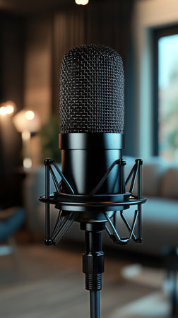 A professional-grade microphone stands prominently in a well-lit recording studio. Soft lighting complements the modern decor, creating an inviting atmosphere for recording.の素材