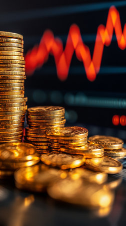 Stacks of shiny gold coins placed on a reflective surface with a financial chart in red and blue background depicting market trends and fluctuations.の素材