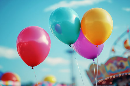 Bright balloons in shades of pink, turquoise, yellow, and purple rise against a vibrant sky. The festive atmosphere of a summer fair can be felt in the background.の素材