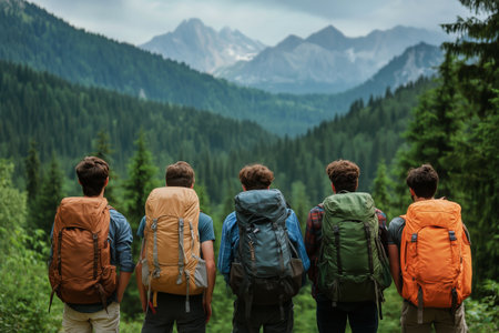 Five hikers stand together on a trail, gazing at majestic mountains. Their colorful backpacks highlight the camaraderie of outdoor exploration on a sunny day.の素材