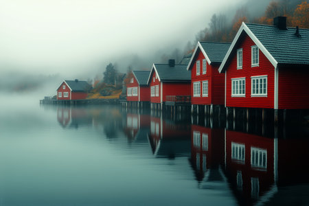 Fog envelops red wooden cabins by a calm lake, creating a serene atmosphere. The early morning light enhances the beauty of the reflections in the water.の素材