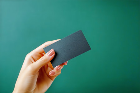 A person holds a blank black business card in their hand against a vibrant green background. The cards sleek design suggests potential for personal branding or networking.の素材
