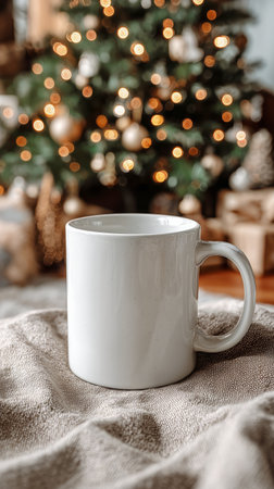 A white mug sits on a soft cloth, with a beautifully lit Christmas tree and wrapped gifts in the background, creating a warm and festive atmosphere in a cozy living room setting.の素材