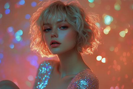A model showcases a glamorous outfit embellished with sequins against a backdrop of vibrant lights. The atmosphere is enchanting and captures the essence of a night celebration.の素材