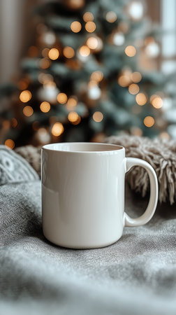 A white mug sits on a soft cloth, with a beautifully lit Christmas tree and wrapped gifts in the background, creating a warm and festive atmosphere in a cozy living room setting.の素材