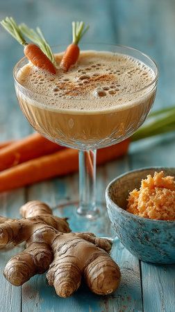 A refreshing ginger carrot cocktail is served in a glass with a frothy top. Fresh ginger and carrots are placed alongside a bowl of finely gratified carrot.の素材