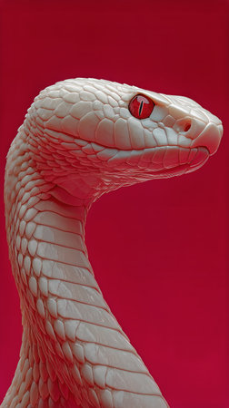 A graceful white snake with smooth scales and bright red eyes is coiled elegantly against a bold red backdrop, showing its unique features and alluring colors in a captivating manner.の素材