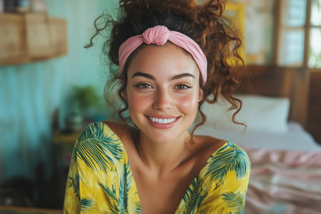 A young woman with curly hair and a pink headband smiles brightly while seated in a tropical-themed room. The vibrant decor and her outfit reflect a cheerful vibe.の素材