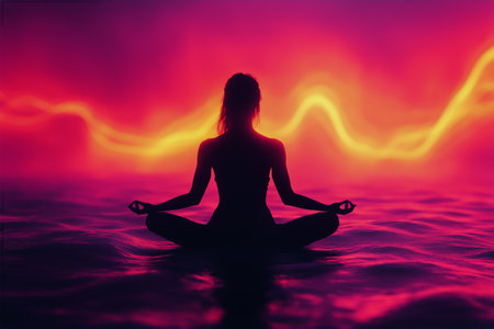 A woman sits in a meditative pose, with her silhouette outlined against a vibrant abstract background of warm colors. The atmosphere conveys tranquility and self-reflection.の素材