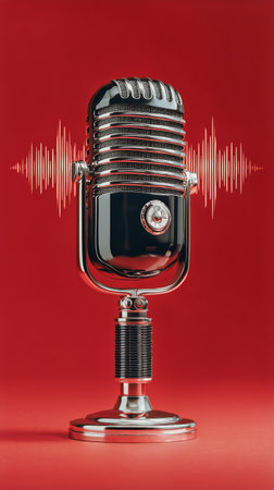 A vintage-style microphone stands prominently against a bright red background, adorned with an audio wave graphic, capturing a moment of artistic expression and creativity.の素材