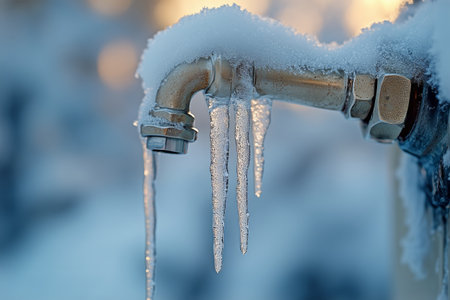 Water faucet coated in ice and frost, with icicles hanging from its spout during a cold winter day in an outdoor setting. Winter weather creates beautiful ice formations.の素材