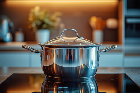 A stainless steel pot sits on a sleek kitchen countertop with a glass lid. Warm lighting creates an inviting atmosphere in a contemporary kitchen setting.の素材
