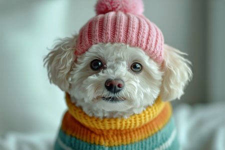 A small dog with fluffy white fur sits comfortably indoors, wearing a striped sweater and a pink knitted hat. The warm atmosphere highlights the dogs adorable expression.の素材
