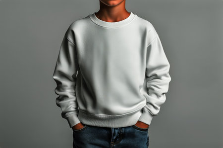 A young boy is standing confidently with hands in pockets, wearing a white sweatshirt. He smiles slightly, creating a warm atmosphere in a neutral gray setting.の素材
