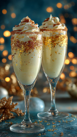 Two elegant glasses filled with sparkling beverages are topped with whipped cream and gold sprinkles, set against a backdrop of warm holiday lights, creating a festive atmosphere.の素材