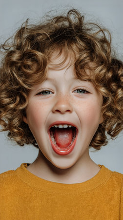 A young child with curly hair is exuberantly laughing, showcasing a bright smile and wide-open mouth. The background is neutral, highlighting the child's joyful expression.の素材