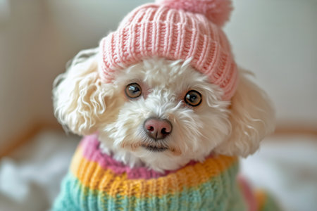 A small fluffy dog sits indoors wearing a vibrant knitted sweater and a pink hat. The cozy atmosphere suggests a winter day, adding charm to the dogs adorable appearance.の素材