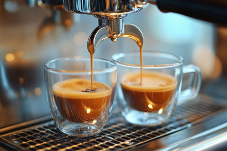 In a bustling cafe, rich espresso pours from the machine into two transparent cups, showing a vibrant contrast of colors on a metal base.の素材