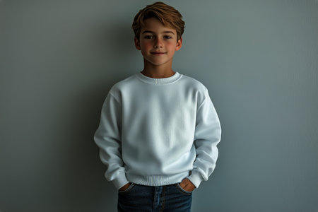 A young boy is standing confidently with hands in pockets, wearing a white sweatshirt. He smiles slightly, creating a warm atmosphere in a neutral gray setting.の素材