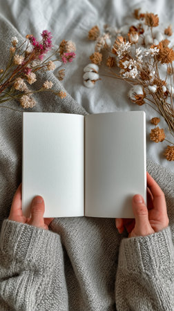 Cozy hands cradle a blank notebook surrounded by dried flowers on a soft, textured surface, inviting creativity and reflection in a peaceful atmosphere.の素材