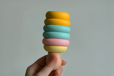 A hand supports a vibrant wooden stacking toy featuring five rings of various colors, encouraging creative play and fine motor skills in children. Ideal for early childhood development.の素材