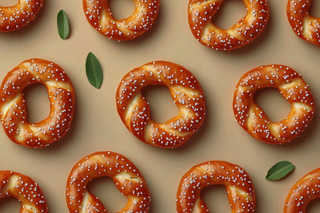 Freshly baked soft pretzels are neatly arranged on a light brown surface, accented by green leaves, creating an inviting and delicious presentation ideal for snacking or gatherings.の素材