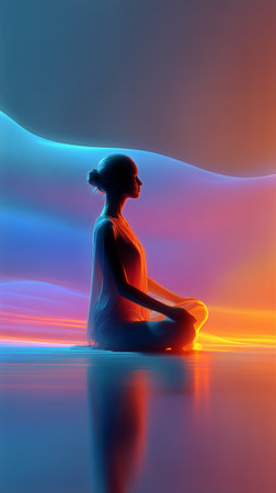 A person sits in a meditative pose, surrounded by flowing, colorful light waves during twilight. The atmosphere conveys peace and tranquility, inviting reflection.の素材