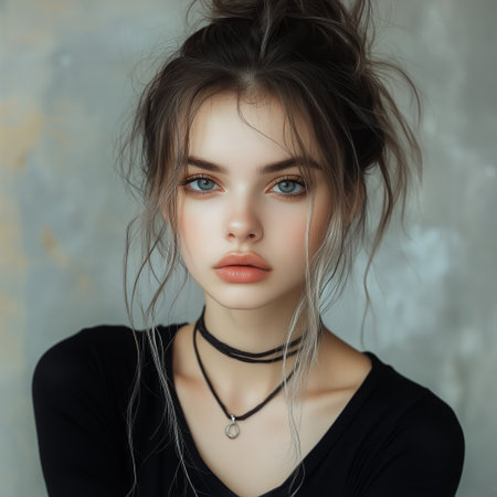 A young woman with long hair and striking blue eyes looks directly at the viewer. She wears a simple black shirt and a choker, showing a confident and serene expression.の素材