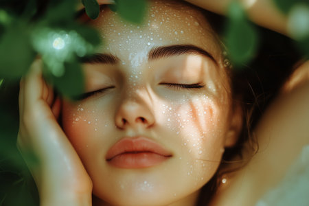 A young woman lies peacefully in a lush natural setting, water droplets glistening on her skin while she is enveloped by vibrant green leaves. Serenity fills the atmosphere.の素材